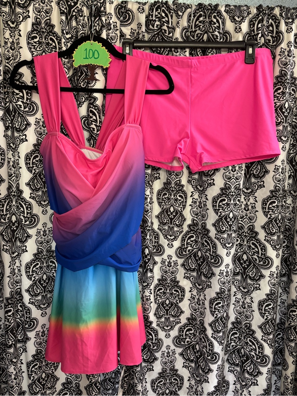 NWT 2-Pc Bright Pink Ombre Tankini Swim Dress with Matching Pink Boy Shorts